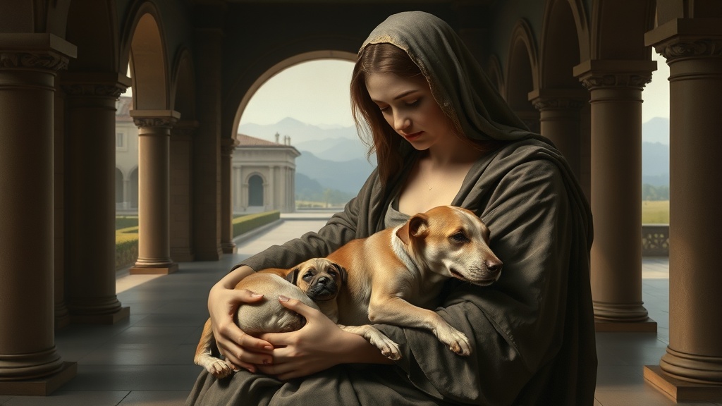 An allegorical compassionate caregiver and rescued dog