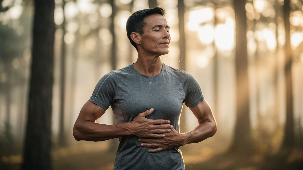 Athlete practicing respiratory exercises outdoors