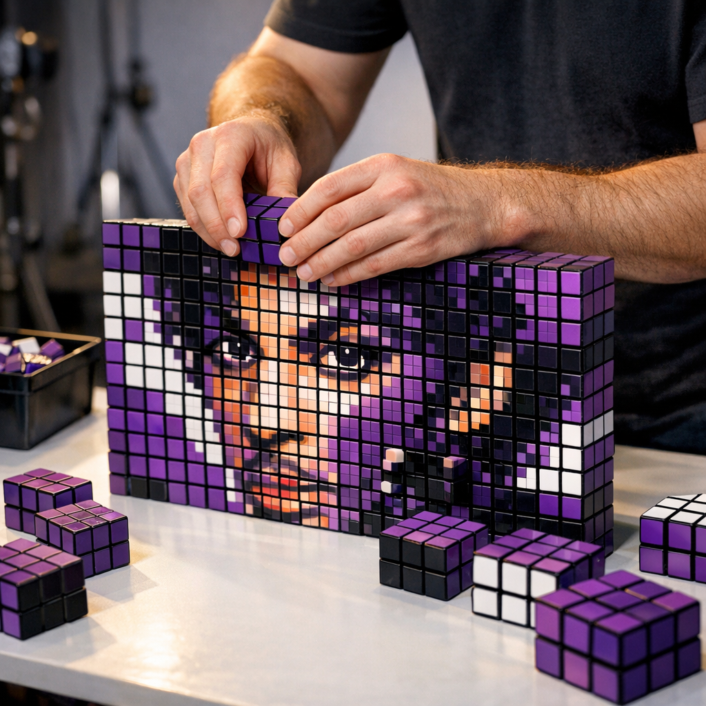 Prince Rubik’s Cube Mosaic Art: Color, Craft, Legacy & SEO 2 Photorealistic mid-shot of an artist assembling a Rubik's Cube mosaic on a studio table, hands arranging cubes into a purp...