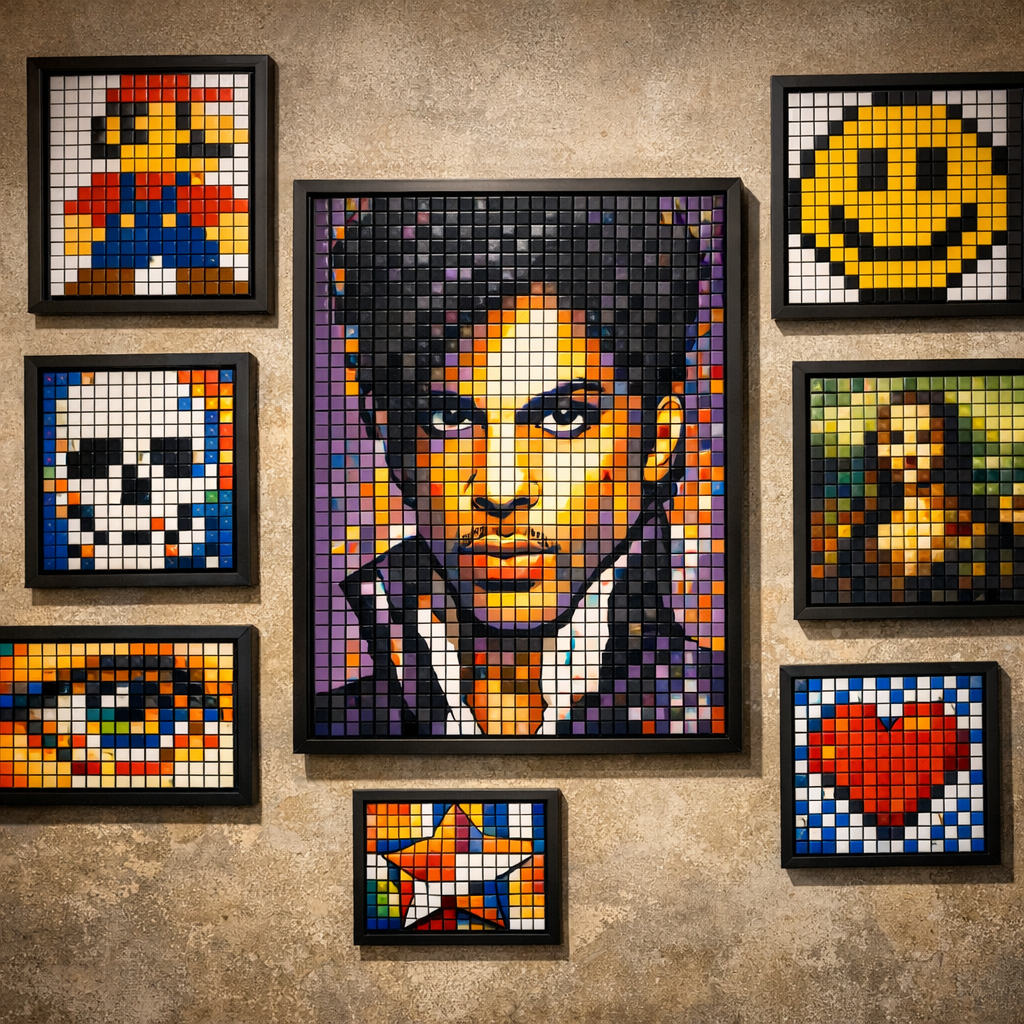 Secondary in-content image showing a gallery wall with several framed Rubik’s Cube mosaics, including a Prince portrait. P...