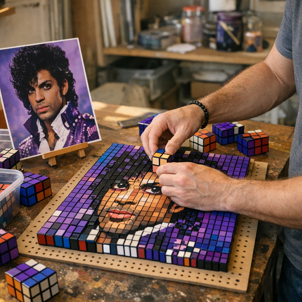 In-content image showing a mid-shot of an artist assembling a Rubik’s Cube mosaic on a tabletop. Photorealistic, documenta...