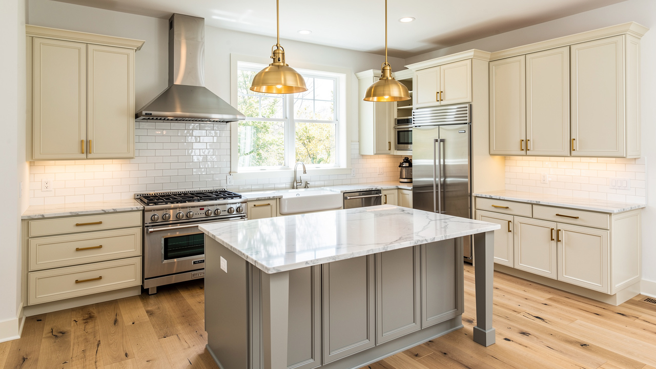 Transitional kitchen with cream cabinets and marble countertops