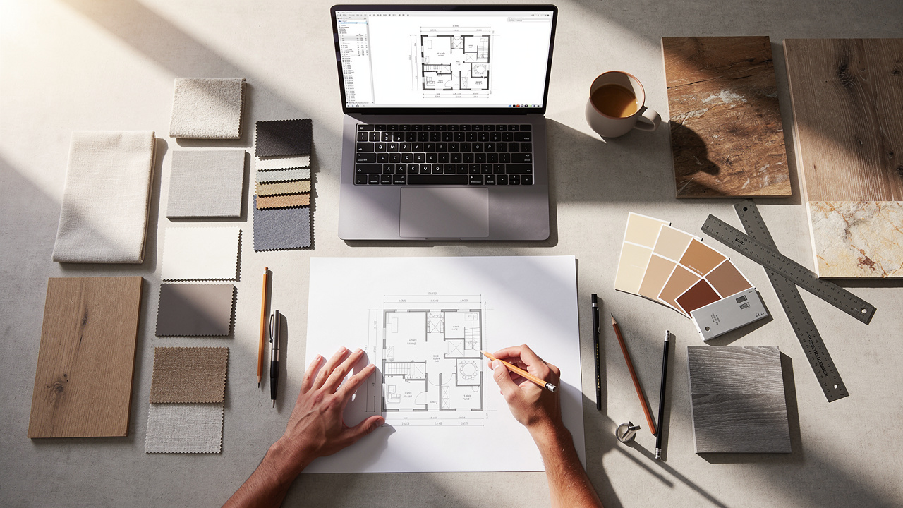 Designer workspace with sketches and material samples