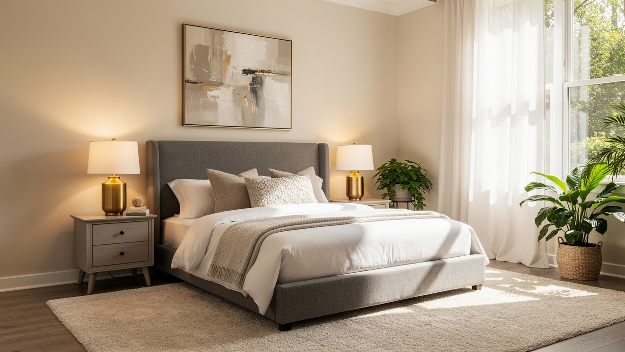 Modern bedroom with natural textures and warm lighting