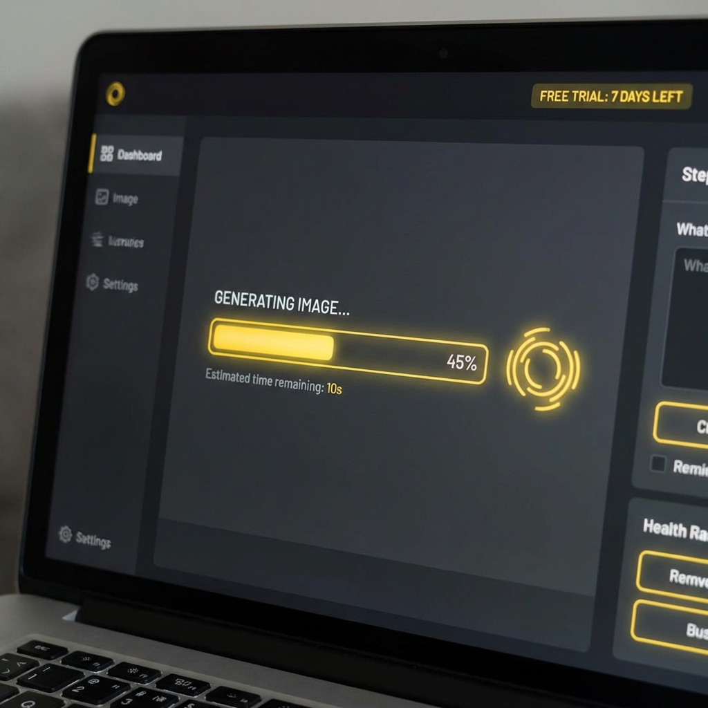 Free trial interface showing AI image generation in progress with modern dark UI