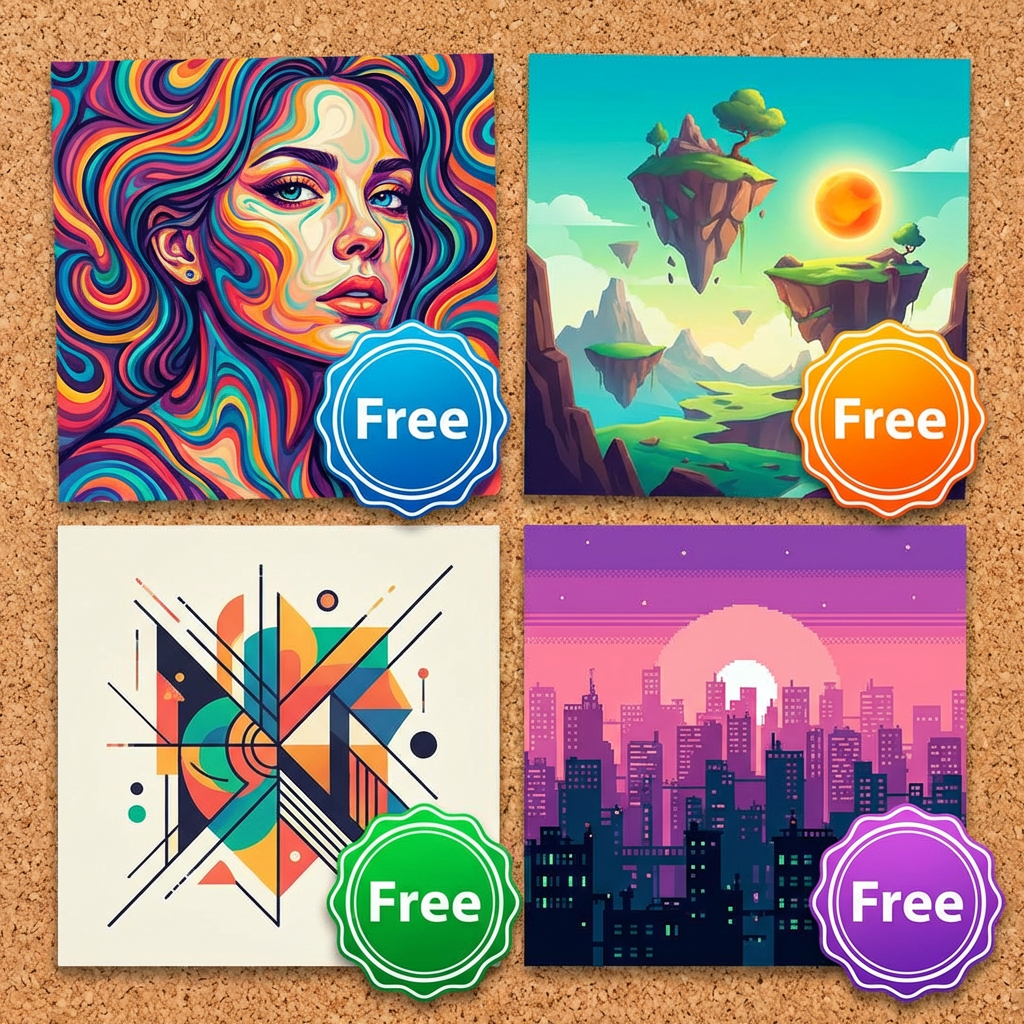 Collage of various AI-generated images with Free badge showing diverse art styles