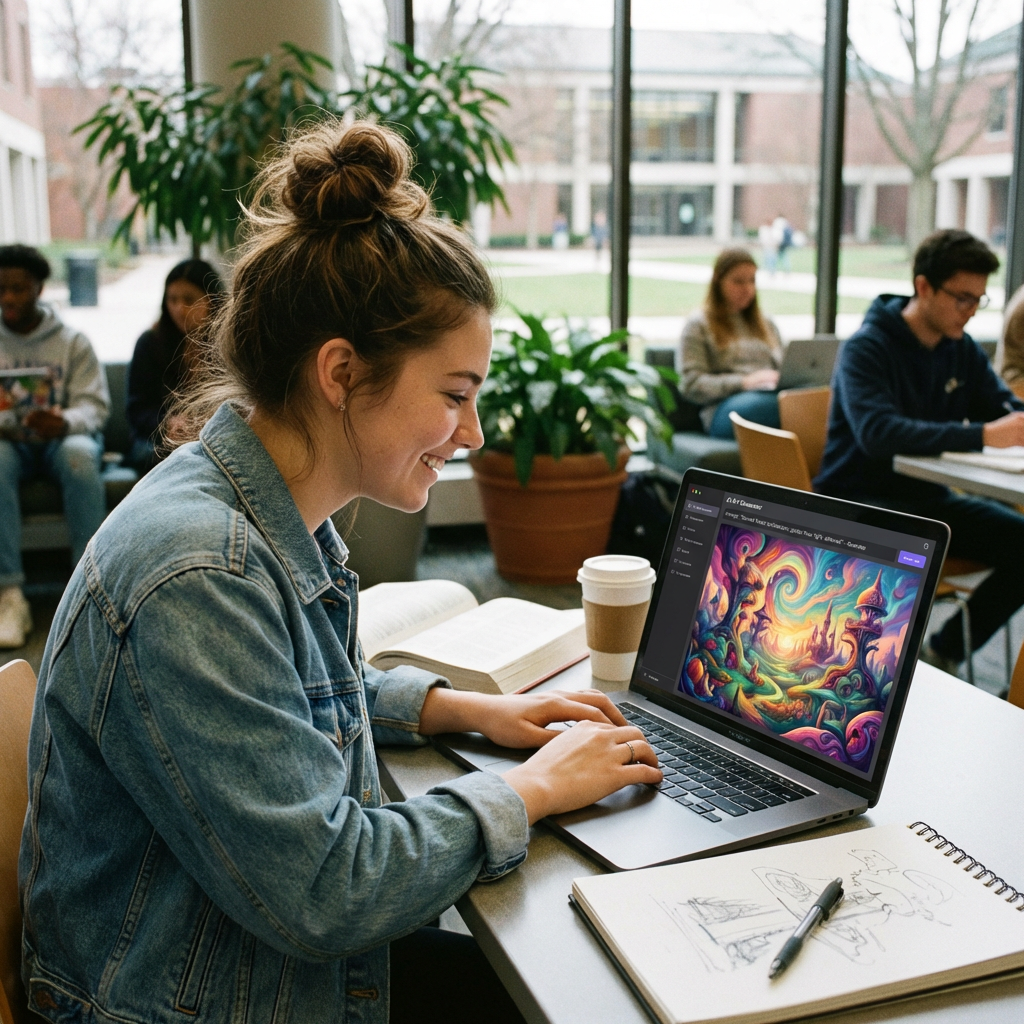 Student using free AI image generator for creative project in university setting