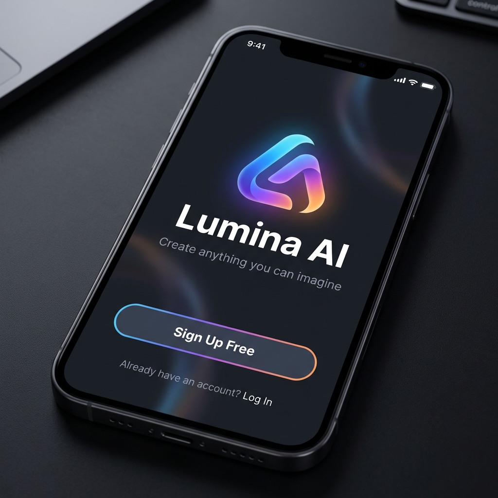 Welcome screen of AI image generator app with sign up free button and modern dark UI