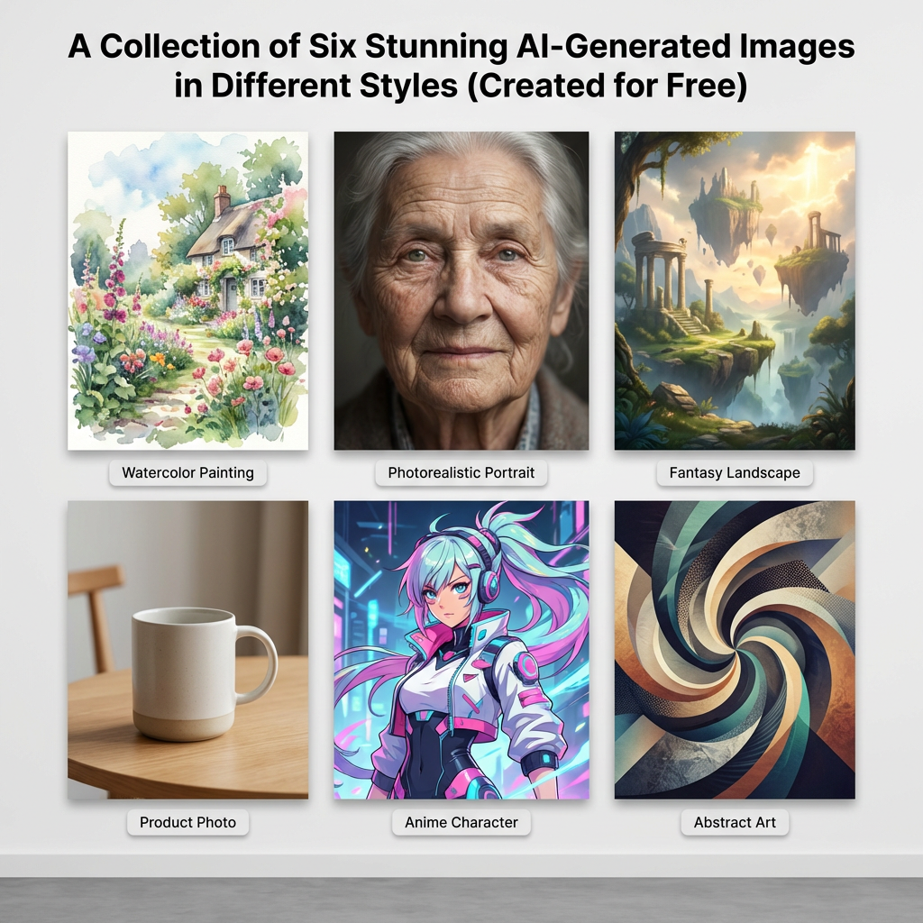 Grid of stunning AI-generated images in different styles all created for free