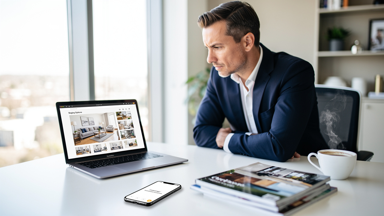 Real estate agent working with virtual staging technology
