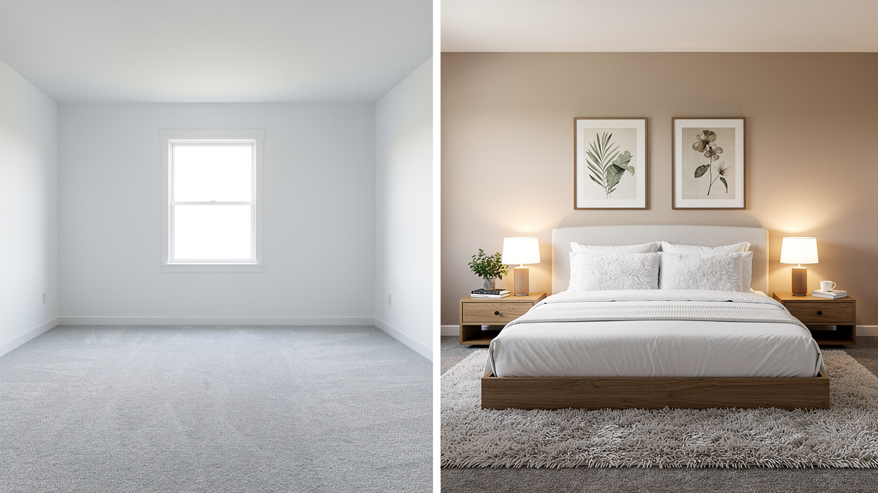 Empty bedroom versus virtually staged bedroom comparison