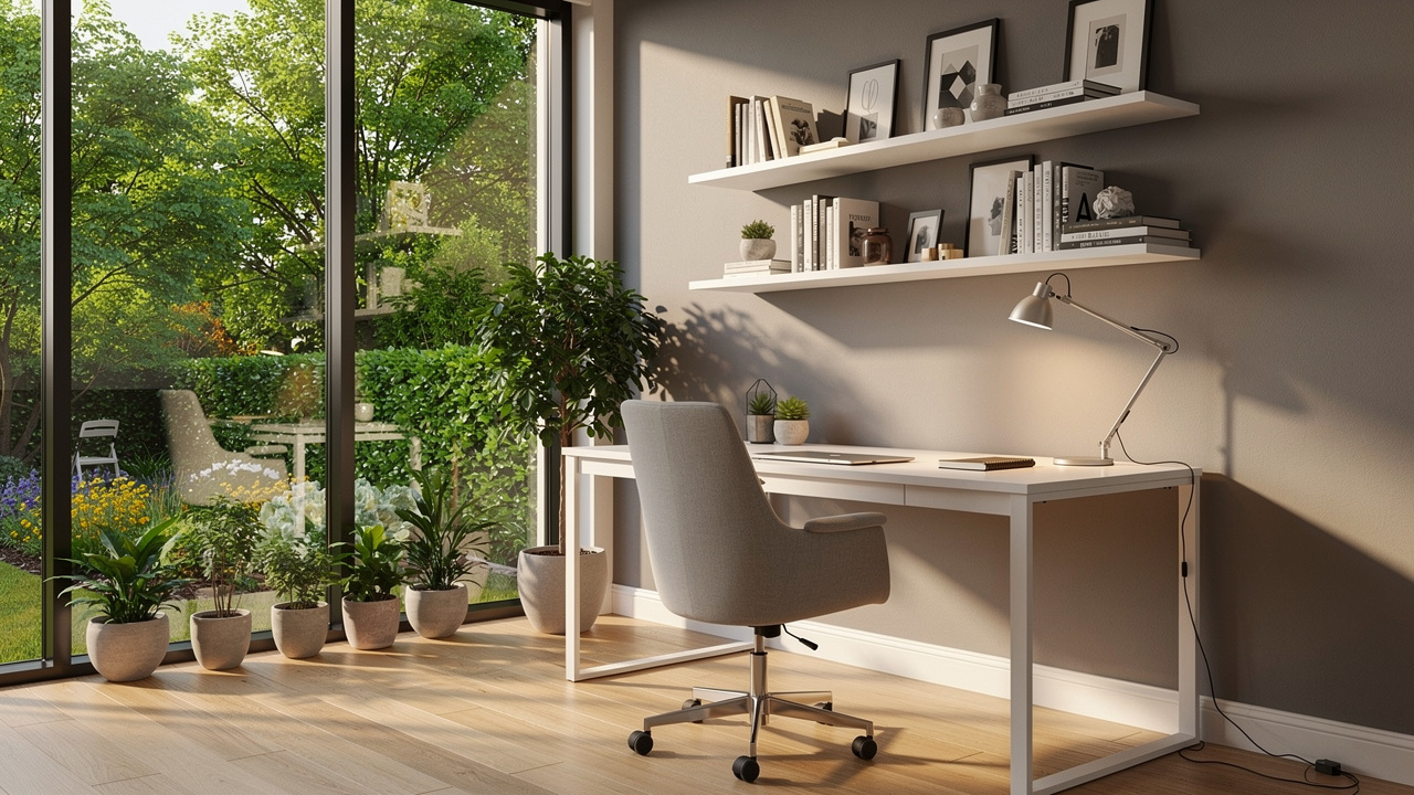 Bright virtually staged home office with natural lighting
