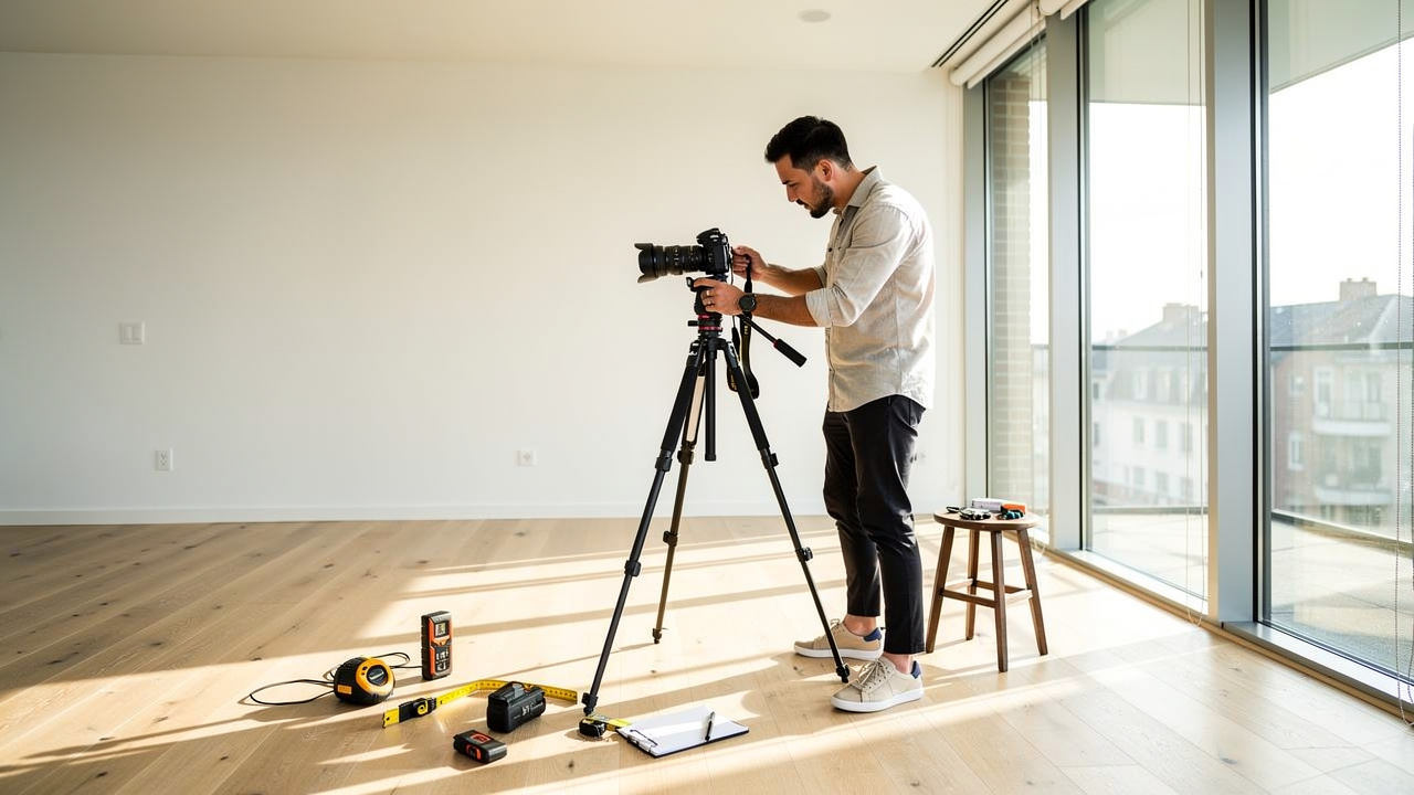 Professional photographer preparing real estate property photos