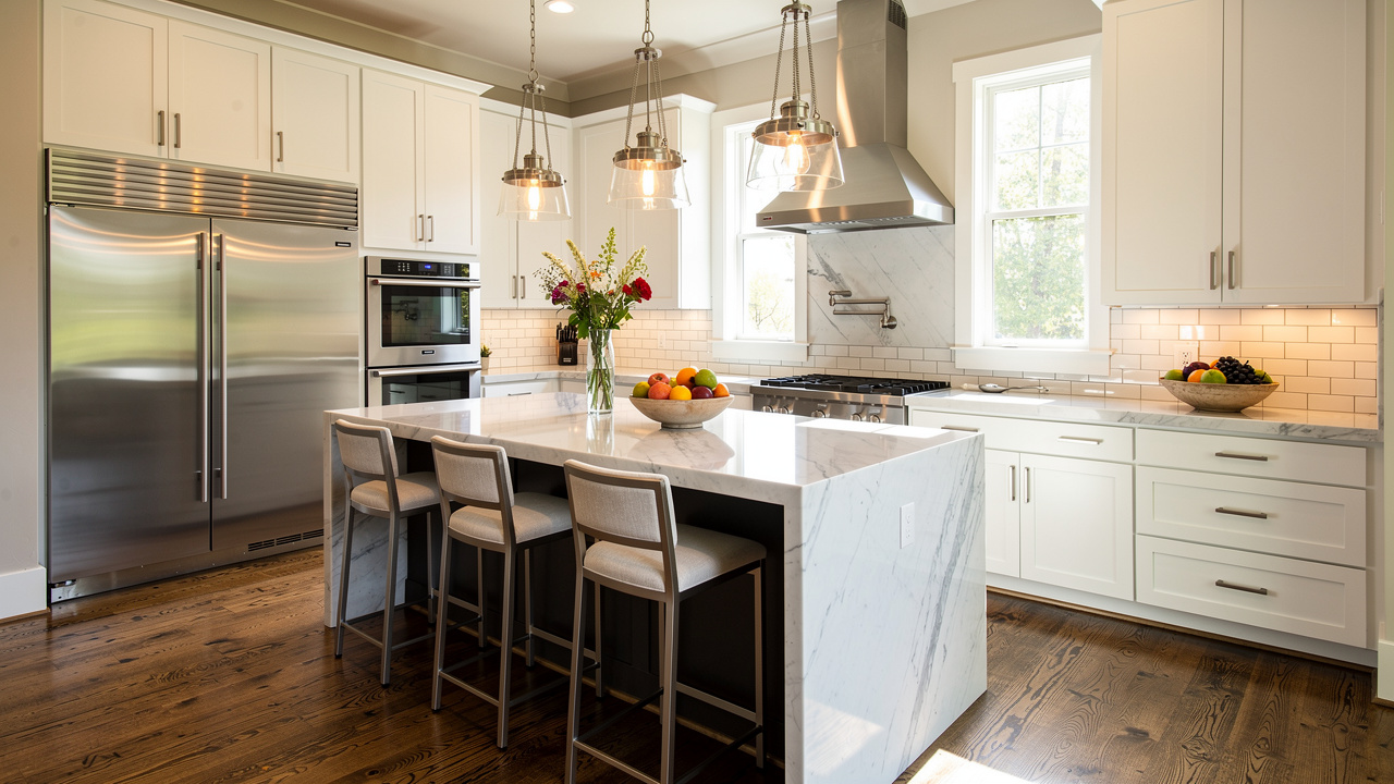 Virtually staged modern kitchen with marble countertops