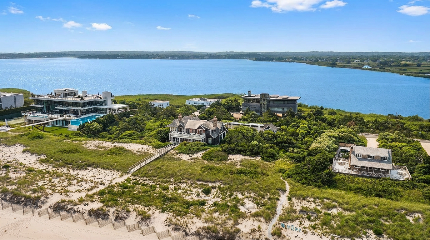 This aerial view showcases a collection of luxury homes nestled along a coastline, offering stunning waterfront views. The properties feature modern architectural designs, lush landscaping, and private beach access, creating an exclusive and serene living environment. The scene is set against a backdrop of a vibrant sunset sky and calm blue waters.