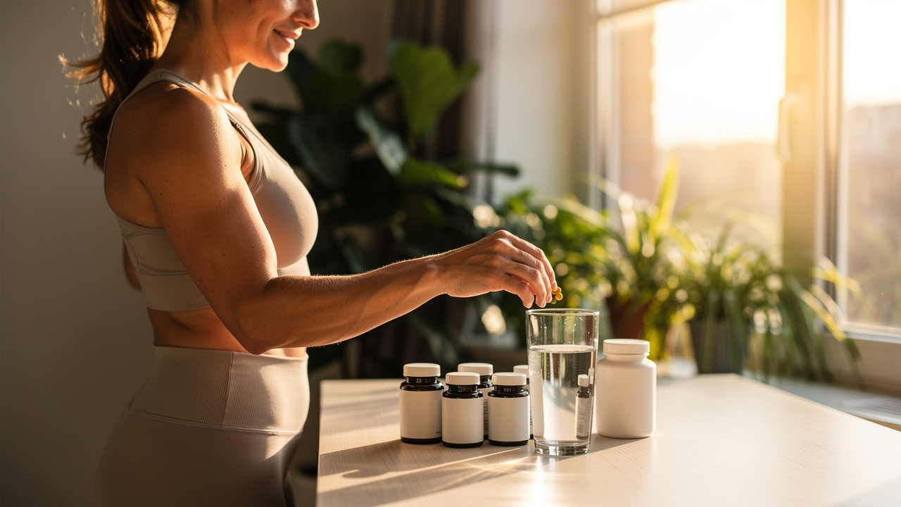 Athletic person preparing morning wellness supplements by window