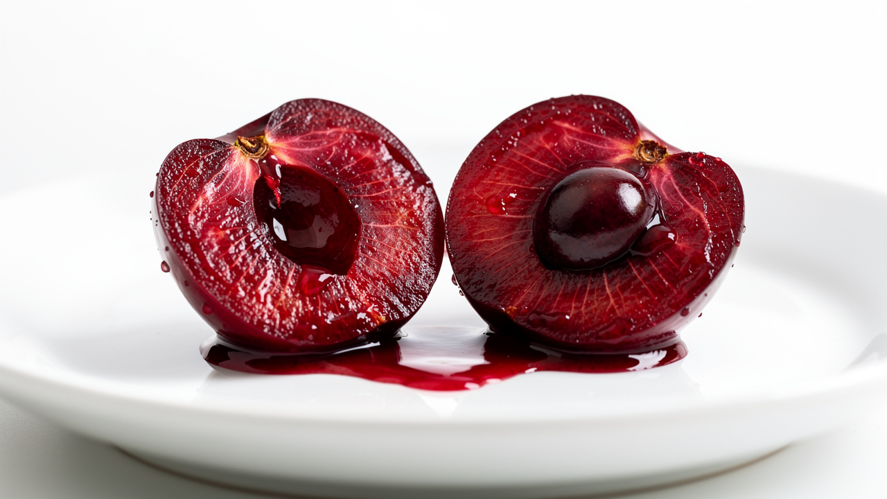 Close-up of halved tart cherry showing interior