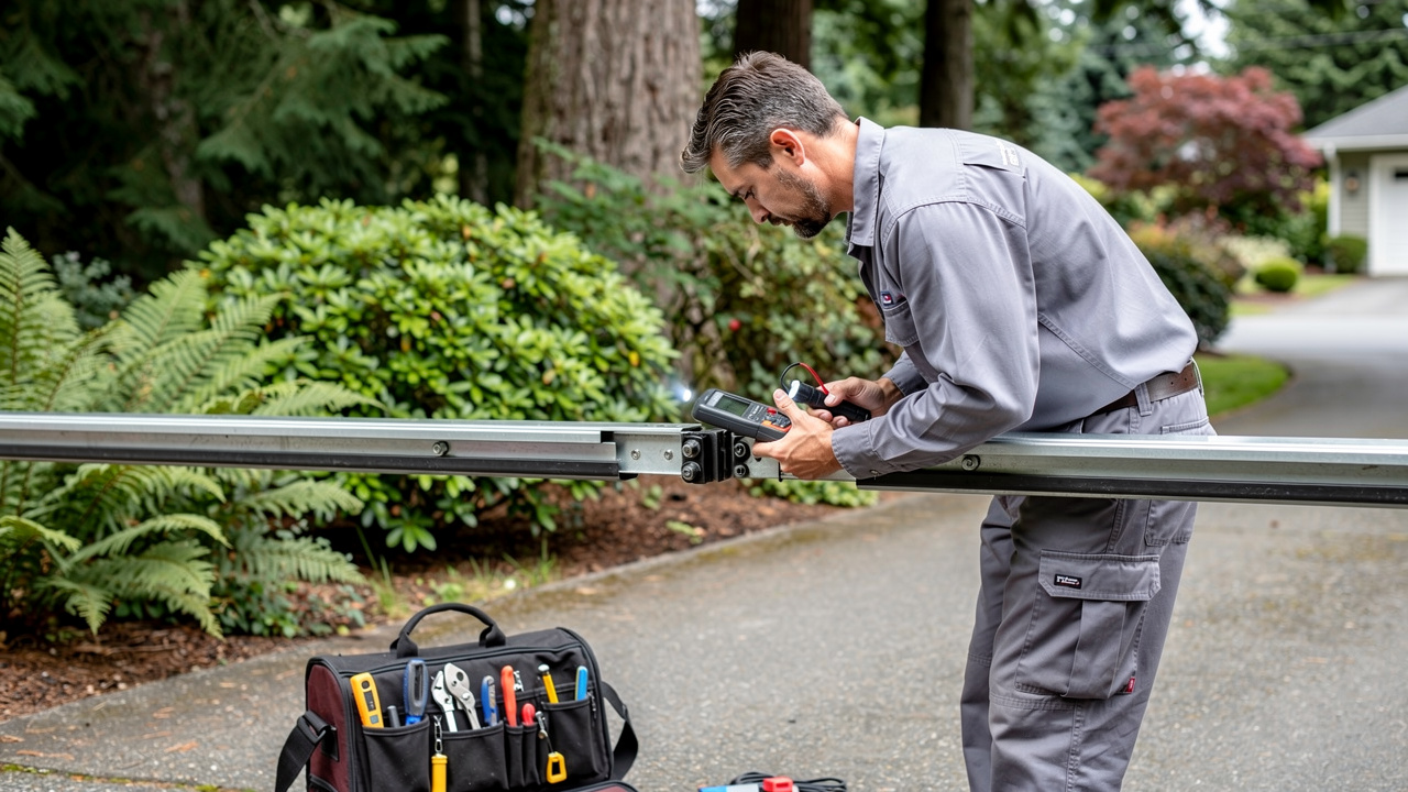 Gate technician performing professional inspection and repair