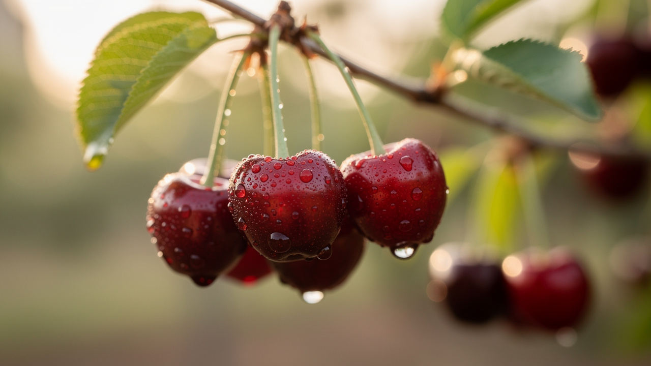 Fresh Montmorency tart cherries on branch with dew
