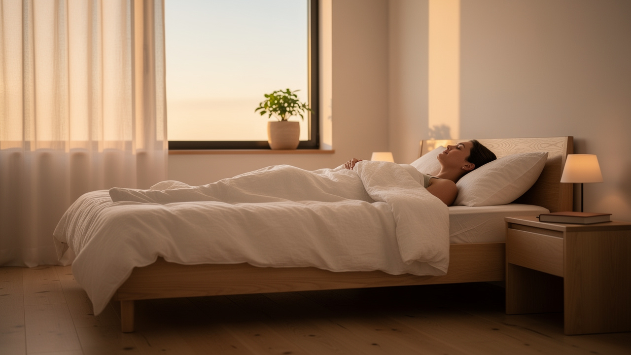 Person sleeping peacefully in sunlit bedroom environment