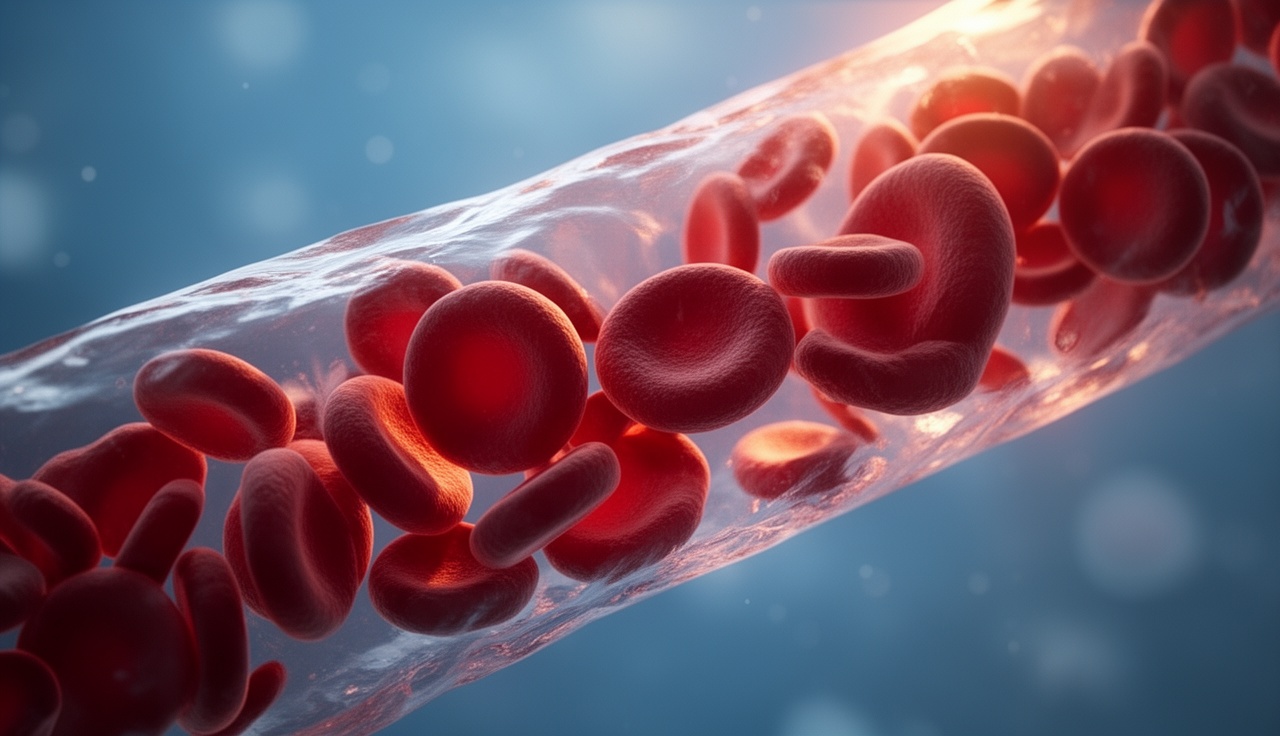 Red blood cells transporting oxygen through bloodstream