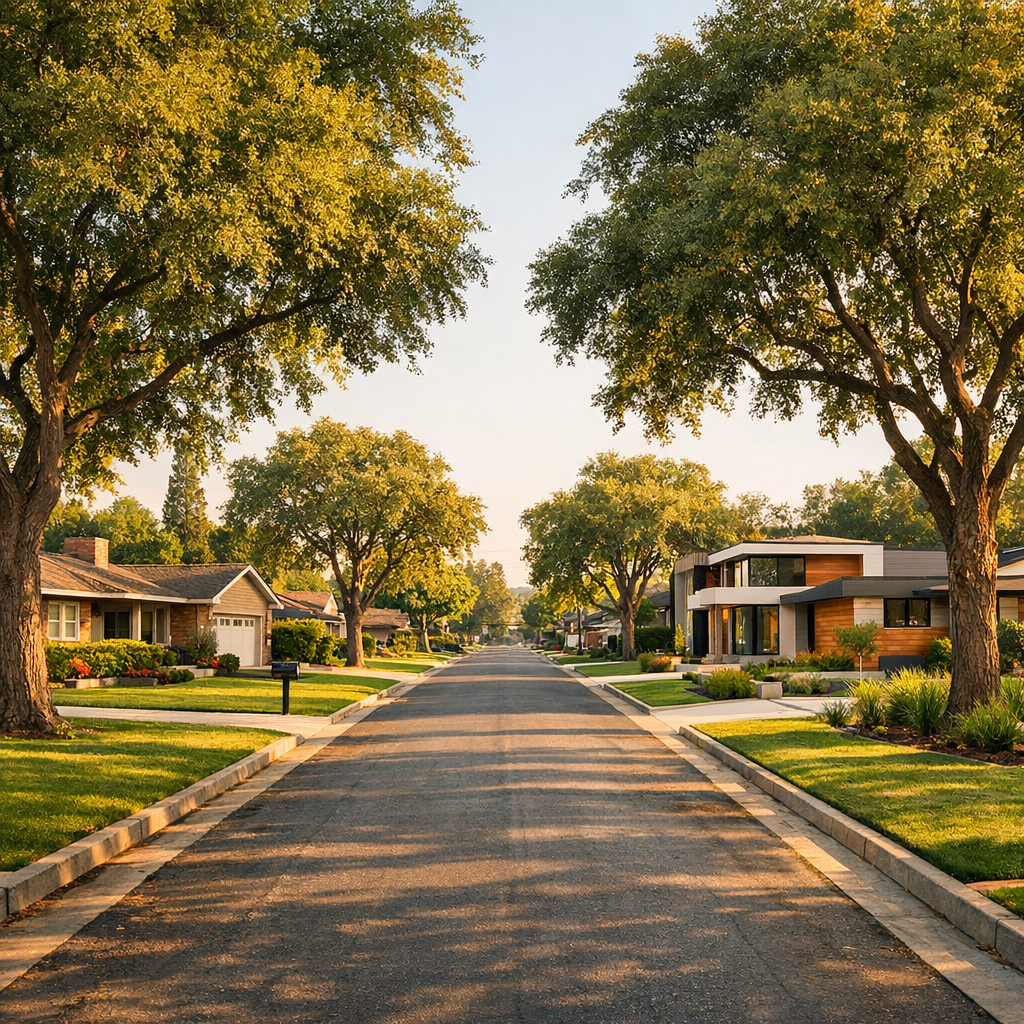 Middle-distance street-level photo showing a tree-lined residential block in Arcadia with well-kept lawns, mid-century ran...
