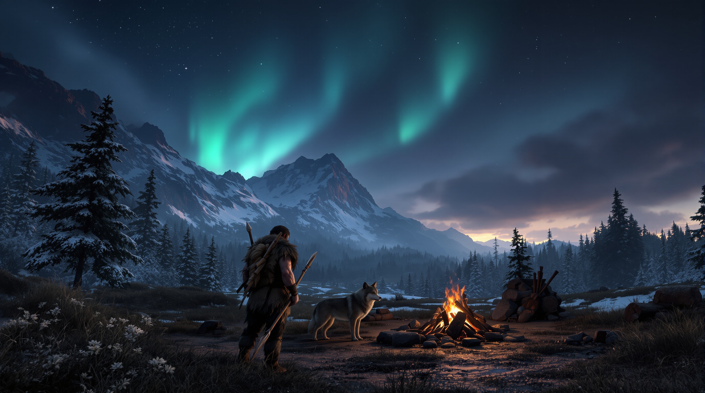 Jugador explorando un entorno nevado en Neolithic Dawn, el survival prehistórico