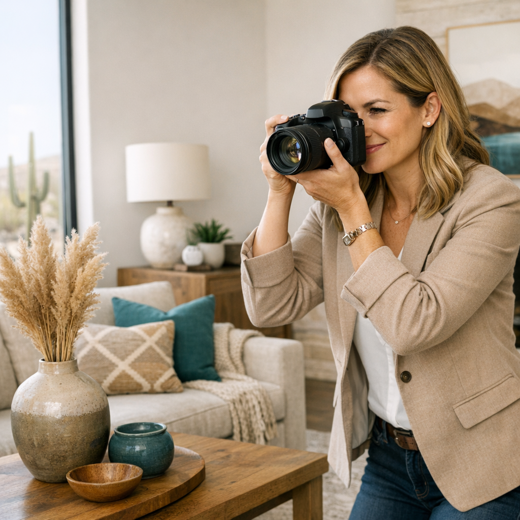 In-content photorealistic image showing a professional real estate agent photographing a staged living room with desert-mo...