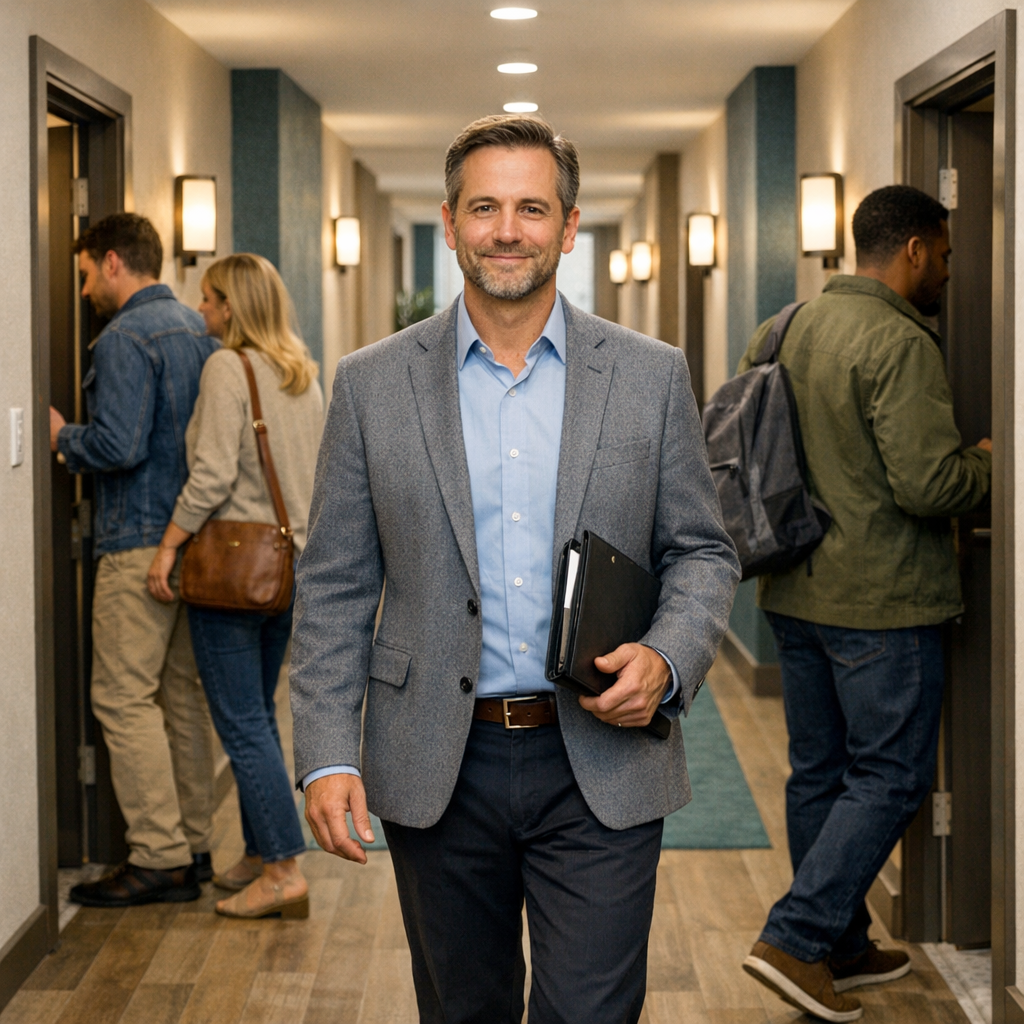 Mid-level interior shot showing a property manager walking through a renovated apartment building corridor with tenants en...