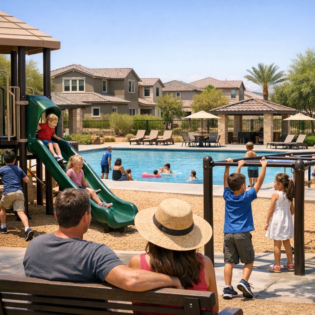 Photorealistic mid-page scene of a playground and community pool in a family-oriented Phoenix subdivision, children playin...