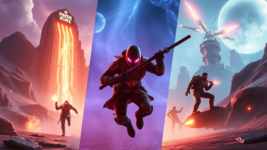 A cinematic montage of key gameplay moments from *Quantum Rift*, *Skyborne Legends*, and *Neon Drift*, shot in high definition with dramatic lighting., professional photography, high quality, 8k resolution