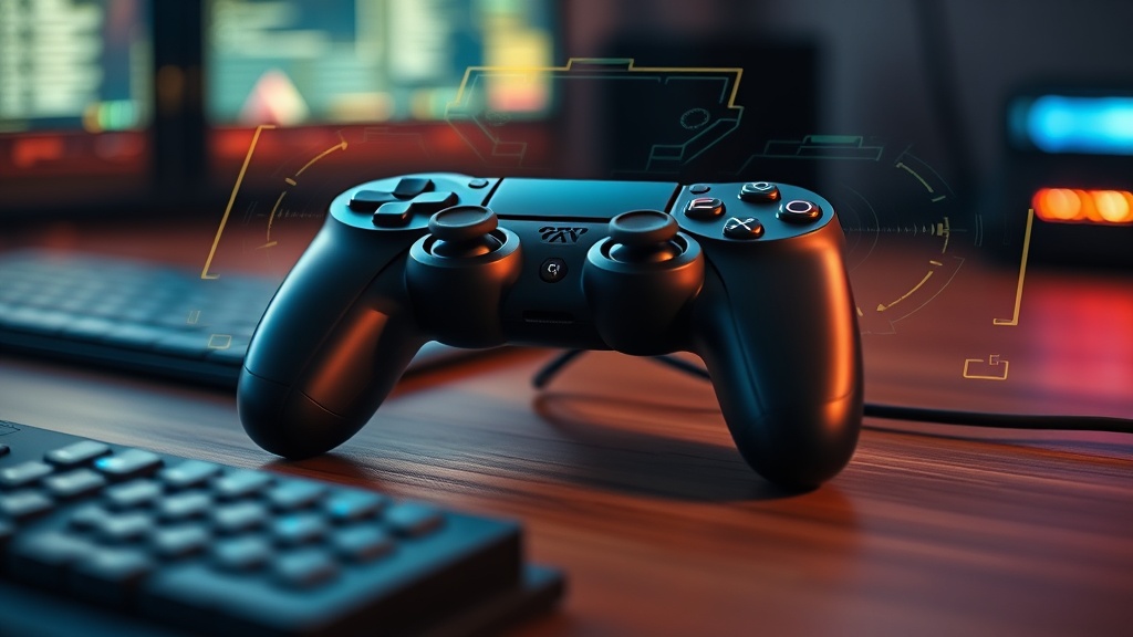 A close‑up of a gaming controller on a wooden desk, with a glowing holographic overlay of tactical HUD elements, shot in moody, low‑key lighting., professional photography, high quality, 8k resolution