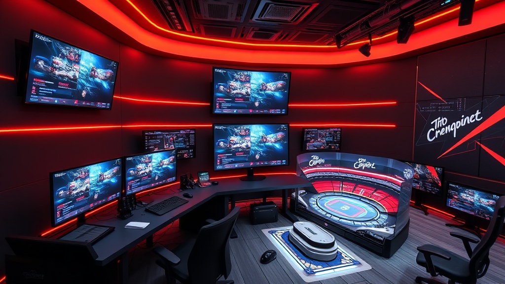 A sleek, modern control room featuring multiple monitors displaying live esports commentary, data dashboards, and a 3‑D model of a virtual arena., professional photography, high quality, 8k resolution