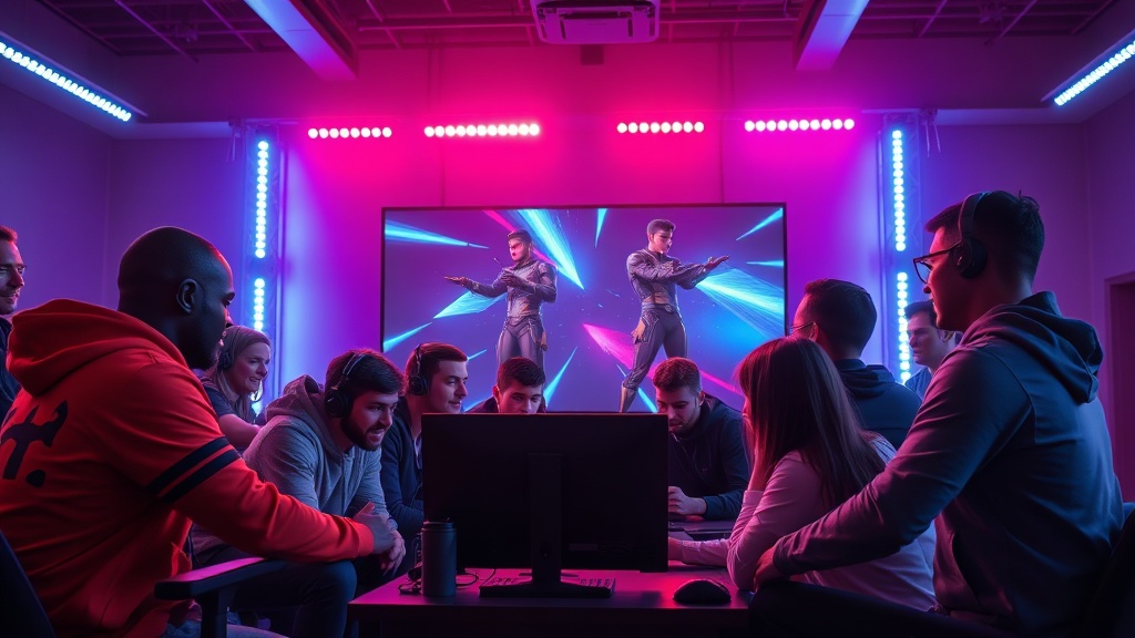 A vibrant, high‑contrast studio photo of a diverse group of gamers gathered around a large screen, illuminated by LED lighting and showcasing a dynamic gaming environment., professional photography, high quality, 8k resolution