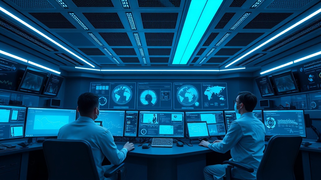 Futuristic control room with clinicians monitoring AI‑driven dashboards, neon blue lighting, and a collaborative atmosphere