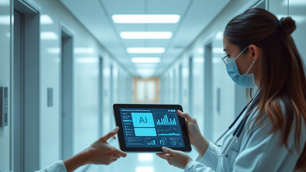 Modern hospital corridor with clinicians consulting a tablet displaying AI‑generated patient data, soft ambient lighting, and a sense of calm professionalism