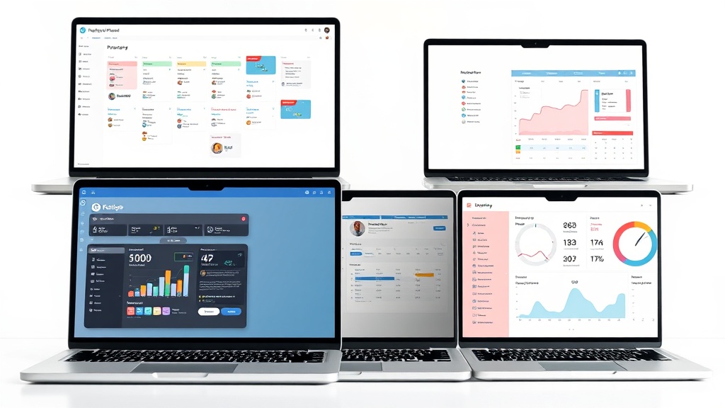 A collage of laptop screens displaying various productivity apps, including a project management board, a calendar, and a time‑tracking dashboard, captured in a clean, tech‑savvy style, professional photography, high quality, 8k resolution