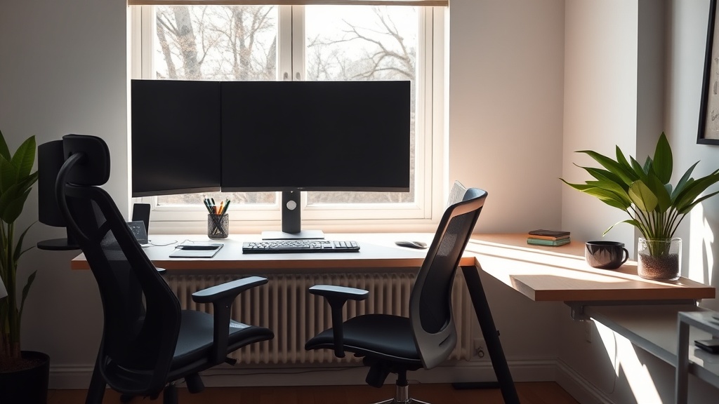 A modern home office setup with a large monitor, ergonomic chair, and natural light streaming in from a nearby window, creating a calm, productive atmosphere, professional photography, high quality, 8k resolution