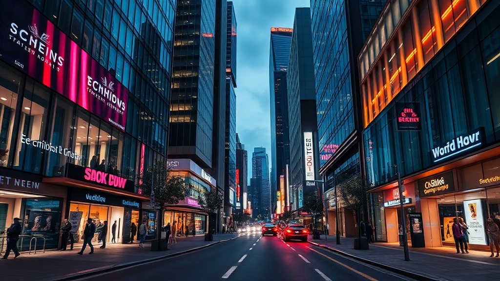 A dynamic street view of a bustling tech hub, with neon lights reflecting off glass buildings, a subtle hint of digital overlays, and a calm evening atmosphere, professional photography, high quality, 8k resolution