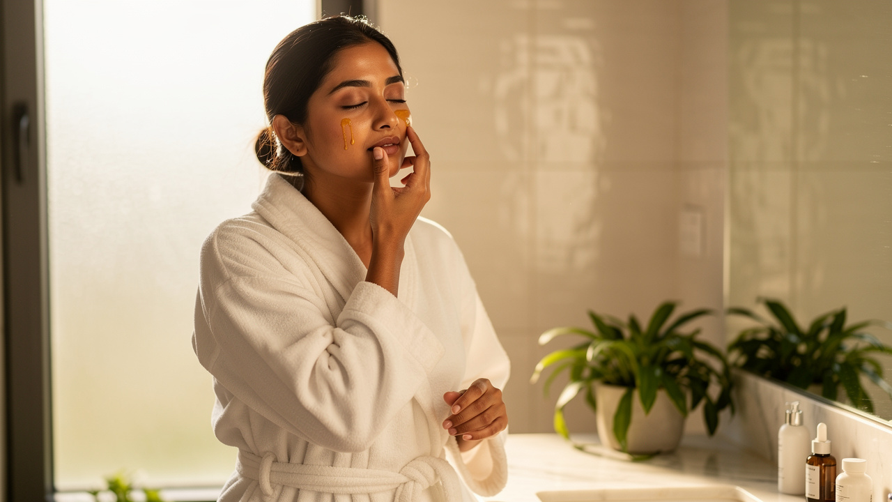 Woman applying natural facial oil during skincare routine