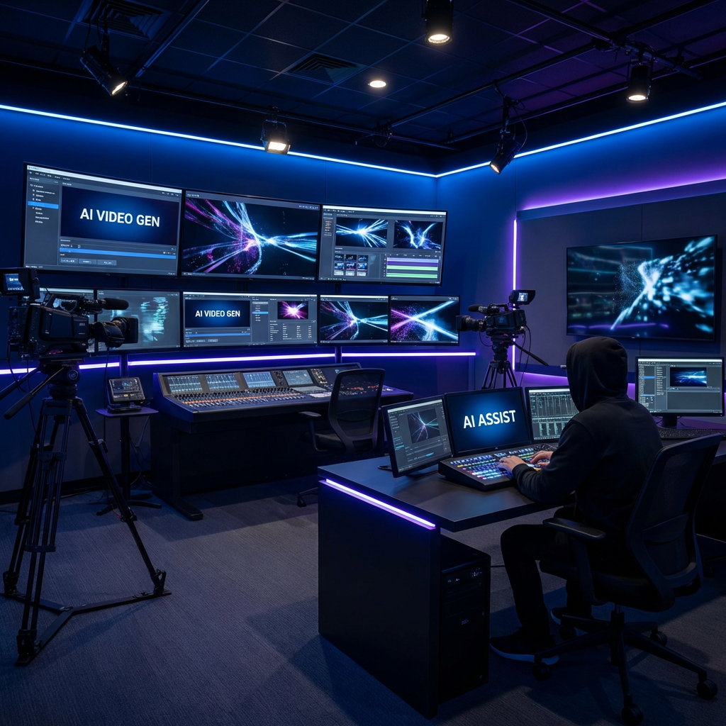 Professional video production setup with AI assistance generating videos on multiple screens