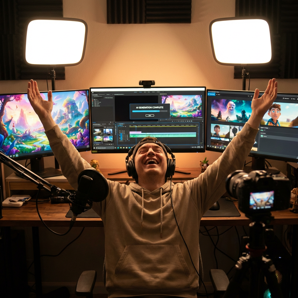 YouTuber celebrating while watching AI transform script into stunning video content