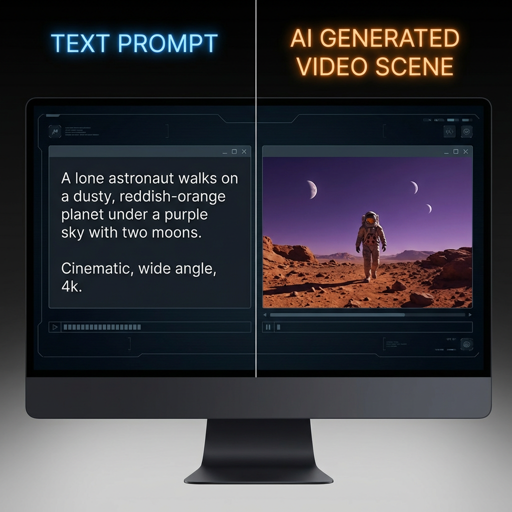 Side by side comparison of text prompt and resulting AI generated video scene