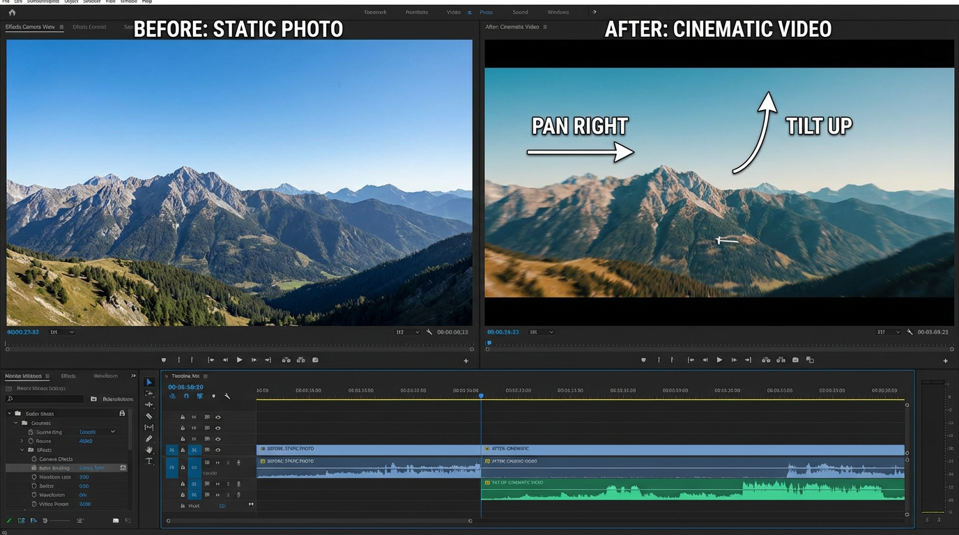 Before and after split screen showing static landscape photo transforming into cinematic video scene