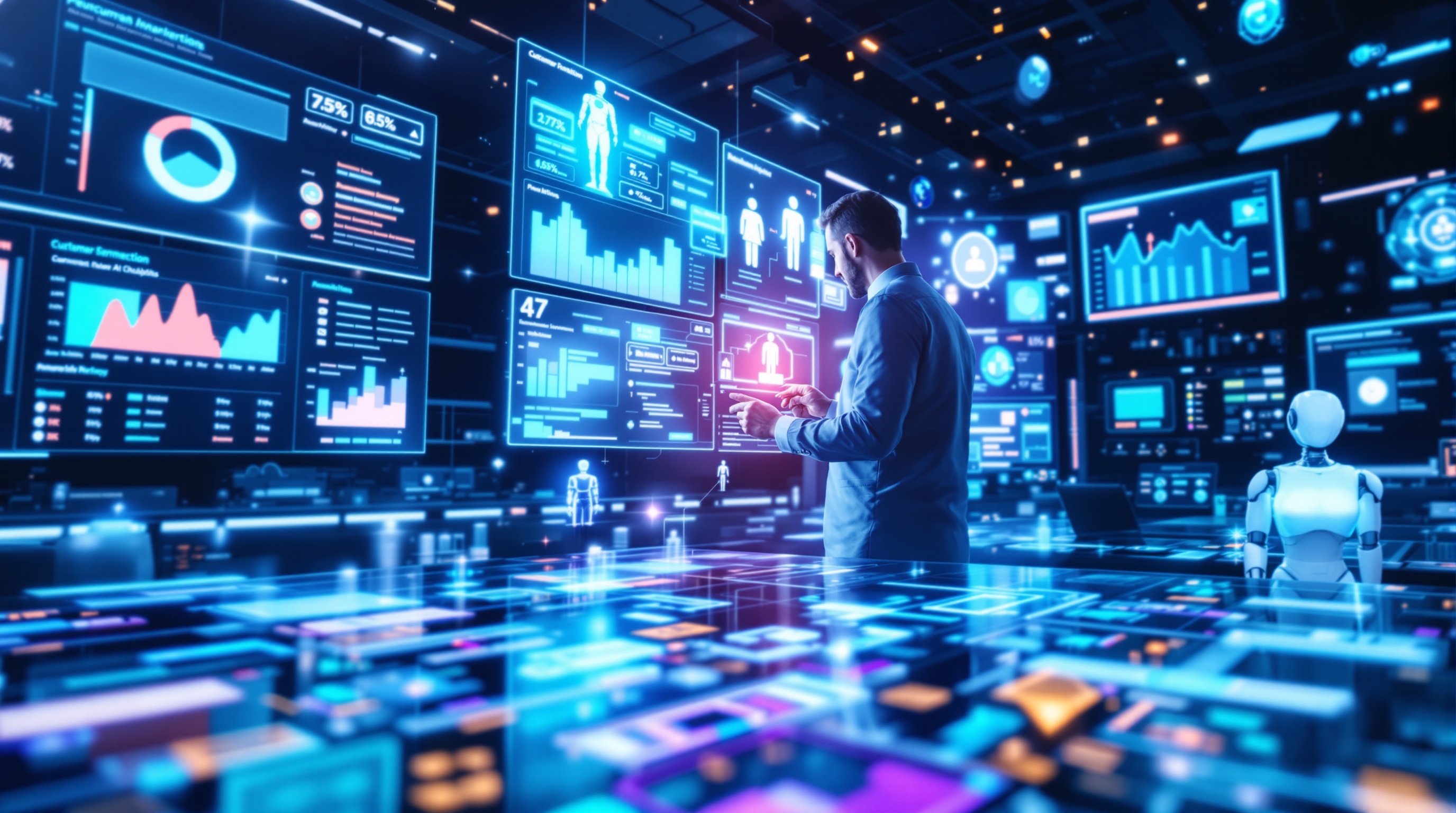A futuristic digital marketing command center with AI-driven analytics displays and marketers collaborating with holographic dashboards