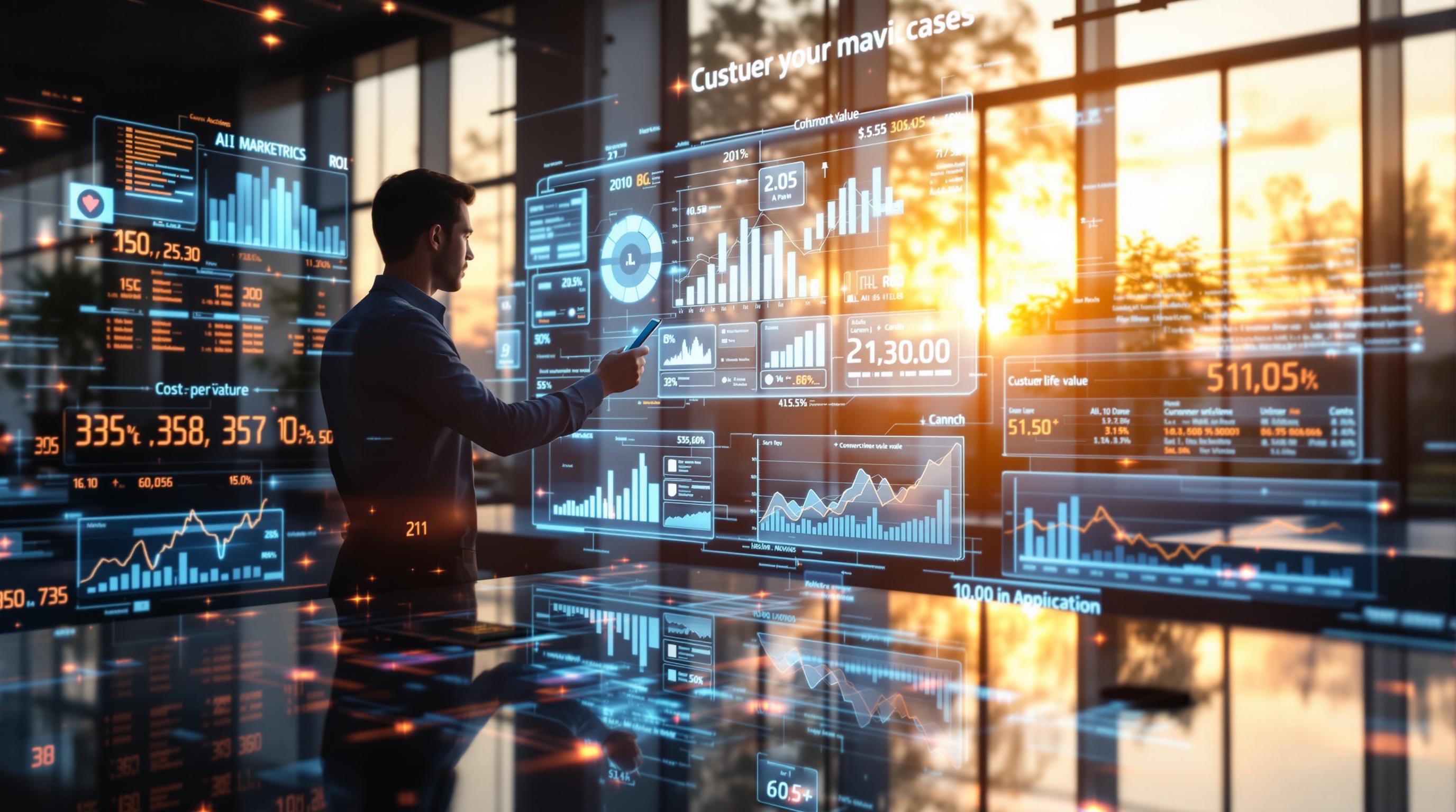 A marketing analyst reviewing AI-generated ROI dashboards and conversion metrics in a modern office environment