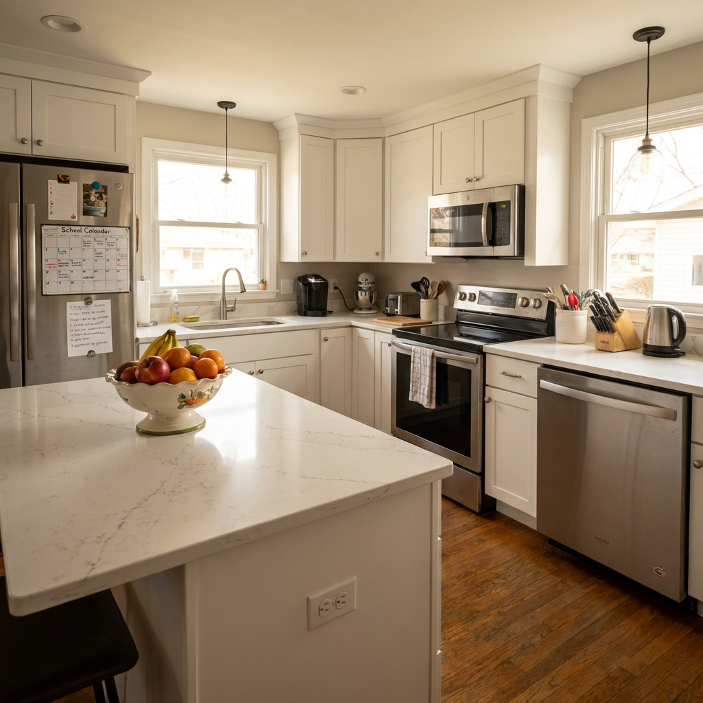 White quartz kitchen countertops