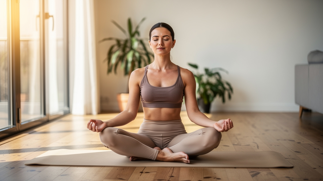 Woman meditating peacefully in bright home setting