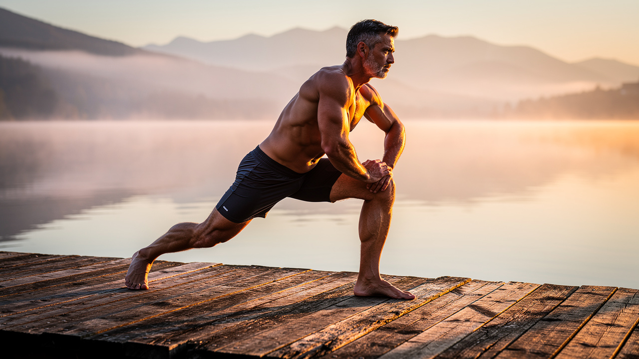Fit man stretching by lake during sunrise workout