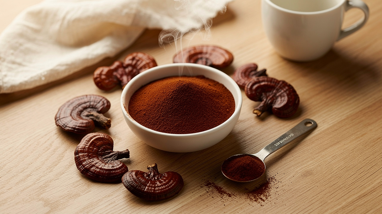 Reishi mushroom powder in bowl with measuring spoon